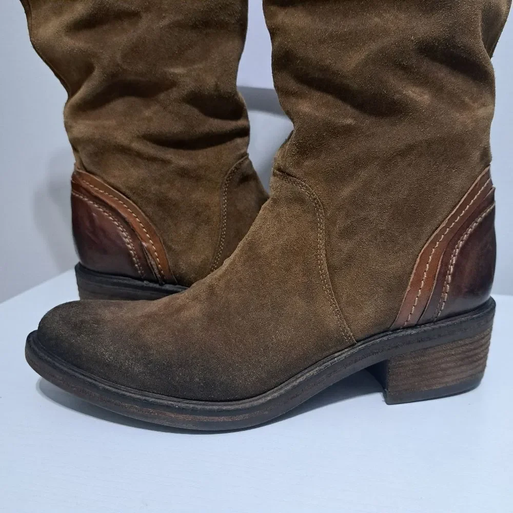 Vic Italian Leather Suede Western Cowgirl Moto Boho Women's Boots Size 37 Brown